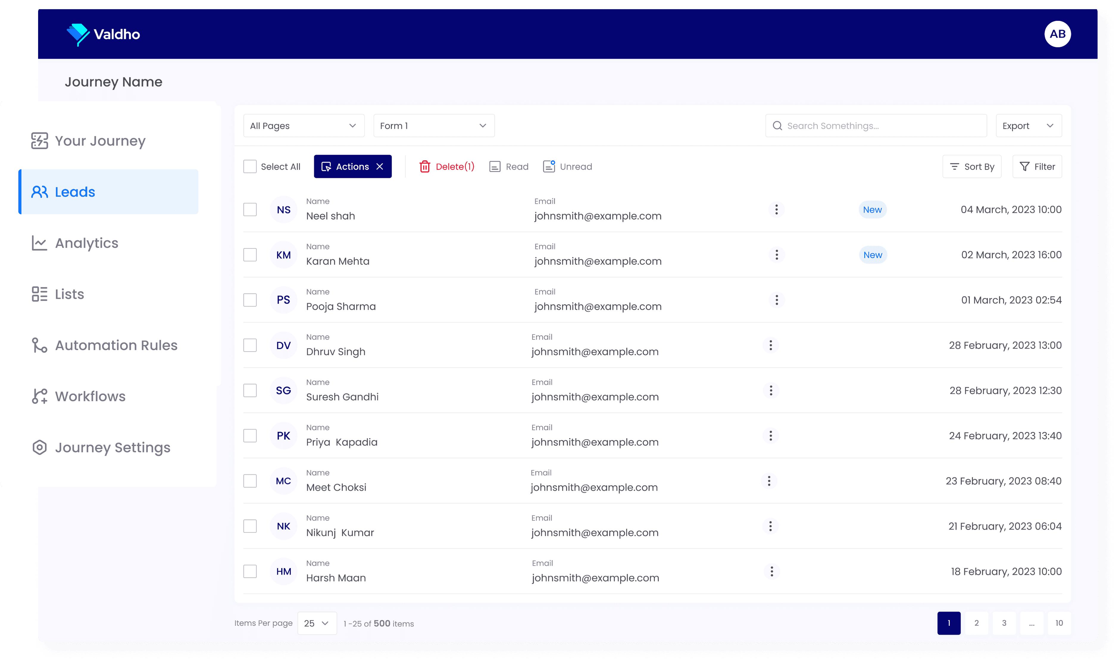 Valdho lead CRM and B2B opportunity management workspace