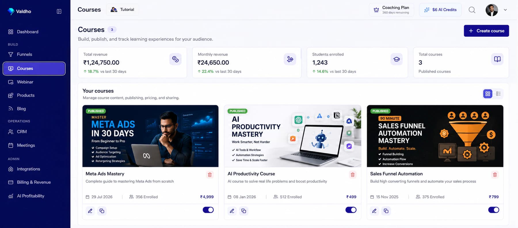 Valdho LMS course dashboard with revenue, enrollment, and published courses