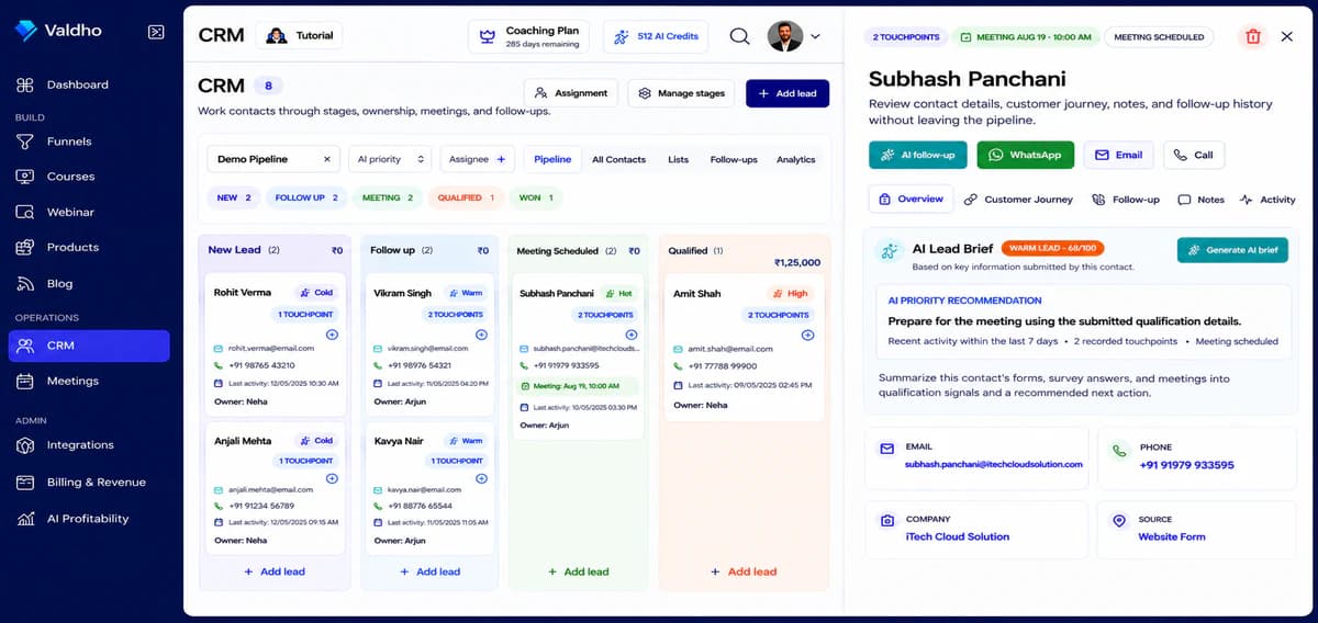 Valdho sales CRM showing opportunities across pipeline stages